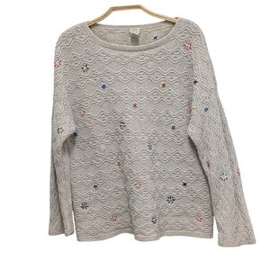 J. Jill Handknit Embroidered Flower Heavy Knit Beige Vintage Sweater Medium